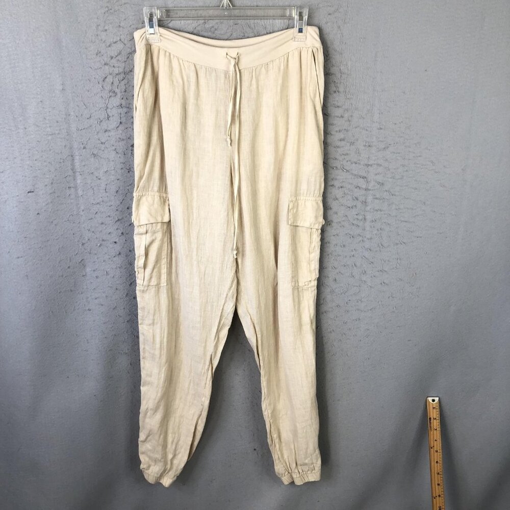 Flax Pants Womens Small Beige Linen Cargo Jogger Elastic Waist Cuffed Boho